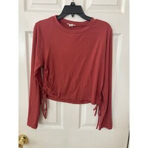 Capella Rust Red Ribbed Long Sleeve Side Cinched Ruched Crop Top Medium BT2952